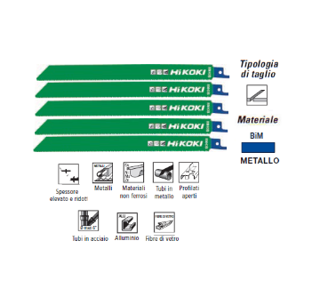 Immagine di LAME PER SEGHETTO ALTERNATIVO FRONTALE BIM 225 mm KIT 5 PZ TAGLIO METALLO HIKOKI HITACHI