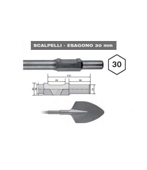Immagine di VANGHETTA A PUNTA (DRITTA) 135 x 450 ATTACCO ESAGONO 30 HIKOKI PER MARELLO DEMOLITORE H65SB3